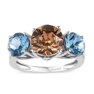 Topaz and Aquamarine Color Austrian Crystal,& Zircon Ring in Sterling Silver